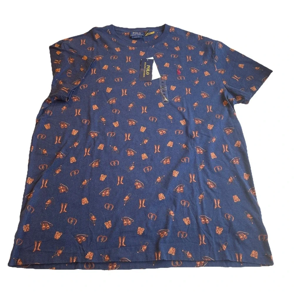 Polo Ralph Lauren Navy Blue ALL OVER EQUESTRIAN PRINT  T Shirt Men's XL‎